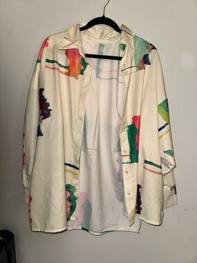 Vintage Cream Blouse with Multicolor Abstract Print